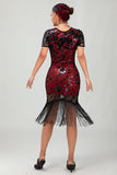 Vestito nero rosso aderente con frange paillettes anni 1920 con set di accessori da 5 pezzi