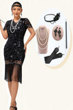 Abito nero aderente con paillettes con frange anni 1920 con set di accessori da 5 pezzi