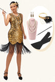 Scintillante nero dorato aderente frangia1920s abito con 5 pezzi accessori Set