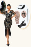 Scintillante scollo a V nero dorato frangiato aderente 1920s abito con 5 pezzi accessori Set