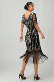 Scintillante scollo a V nero dorato frangiato aderente 1920s abito con 5 pezzi accessori Set