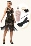 Abito nero con frange paillettes Flapper anni 1920 con set di accessori da 5 pezzi