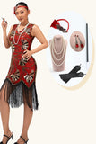 Abito con frange rosso paillettes dorato anni 1920 con set di accessori da 5 pezzi
