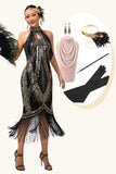 Nero dorato cavezza buco della serratura con frange Gatsby 1920s abito con 5 pezzi set di accessori