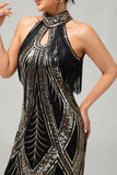 Nero dorato cavezza buco della serratura con frange Gatsby 1920s abito con 5 pezzi set di accessori