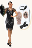 paillettes nero argento perline breve 1920s abito con 5 pezzi accessori Set