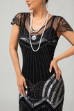 paillettes nero argento perline breve 1920s abito con 5 pezzi accessori Set