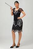 paillettes nero argento perline breve 1920s abito con 5 pezzi accessori Set