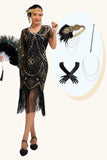 Abito nero dorato con scollo rotondo con frange di paillettes 1920s con set di accessori da 4 pezzi
