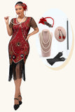 paillettes con frange scollo rotondo nero rosso 1920s abito con 5 pezzi set di accessori