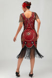 paillettes con frange scollo rotondo nero rosso 1920s abito con 5 pezzi set di accessori