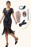 Abito nero argento con frange paillettes anni 1920 con accessori anni ' 20 Set