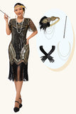 Nero dorato paillettes frangiato 1920s abito con accessori Set