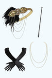 Nero dorato paillettes frangiato 1920s abito con accessori Set