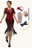 Nero rosso frangiato paillettes 1920s abito con accessori Set
