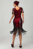 Nero rosso frangiato paillettes 1920s abito con accessori Set