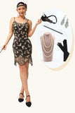 Nero dorato Spaghetti Straps paillettes 1920s vestito con accessori Set