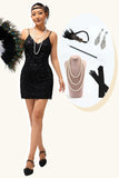 Abito nero con paillettes con spalline sottili 1920s con set di accessori