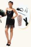 Nero Spaghetti Straps con frange paillettes 1920s Dress con accessori Set