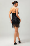 Nero Spaghetti Straps con frange paillettes 1920s Dress con accessori Set