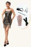 Abito nero dorato con paillettes frangia 1920s con set di accessori da 5 pezzi