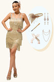 Sparkly Champagne frangia 1920s abito con 5 pezzi accessori Set