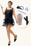 Scintillante nero frangia Bodycon 1920s vestito con 5 pezzi accessori Set