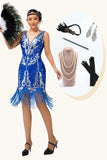 Scintillante Royal Blue paillettes frangia 1920s Dress con 5 pezzi accessori Set
