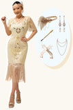 Champagne Appliques frangia 1920s abito con 5 pezzi accessori Set