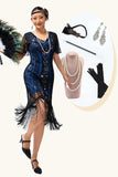 Nero blu paillettes frangia Scoop Neck 1920s abito con 5 pezzi accessori Set