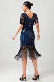 Nero blu paillettes frangia Scoop Neck 1920s abito con 5 pezzi accessori Set