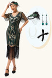 Abito verde scuro con frange di paillettes 1920s con set di accessori da 4 pezzi