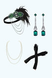 Abito verde dorato con frangia in rilievo anni 1920 con set di accessori da 4 pezzi