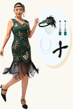 Abito verde dorato con frangia in rilievo anni 1920 con set di accessori da 4 pezzi