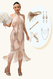 Champagne paillettes capestro frangia 1920s abito con 5 pezzi accessori Set