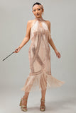 Champagne paillettes capestro frangia 1920s abito con 5 pezzi accessori Set