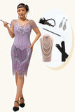 Abito viola con frangia di paillettes 1920s con set di accessori da 5 pezzi