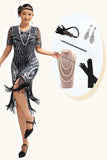 Abito nero argento paillettes scollo a V frangia 1920s con set di accessori da 5 pezzi