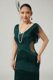 Abito verde scuro paillettes Bodycon Tiered con frange anni 1920 con 5 pezzi accessori Set