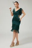 Abito verde scuro paillettes Bodycon Tiered con frange anni 1920 con 5 pezzi accessori Set