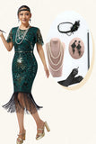 Aderente paillettes verde scuro frangiato 1920s abito con 5 pezzi accessori Set