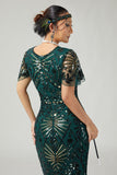 Aderente paillettes verde scuro frangiato 1920s abito con 5 pezzi accessori Set