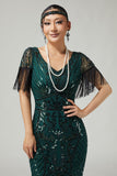 Abito aderente con frange paillettes verde scuro 1920s con set di accessori da 5 pezzi