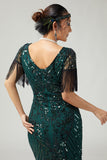 Abito aderente con frange paillettes verde scuro 1920s con set di accessori da 5 pezzi