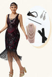 Borgogna paillettes frangiato Bodycon 1920s abito con 5 pezzi accessori Set
