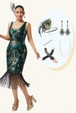 Scintillante verde scuro frangiato Bodycon 1920s Dress con 5 pezzi accessori Set