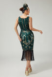 Scintillante verde scuro frangiato Bodycon 1920s Dress con 5 pezzi accessori Set