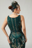 Scintillante verde scuro frangiato Bodycon 1920s Dress con 5 pezzi accessori Set