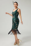Scintillante verde scuro frangiato Bodycon 1920s Dress con 5 pezzi accessori Set