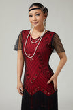 Nero rosso frangiato Bodycon perline 1920s vestito con 5 pezzi accessori Set